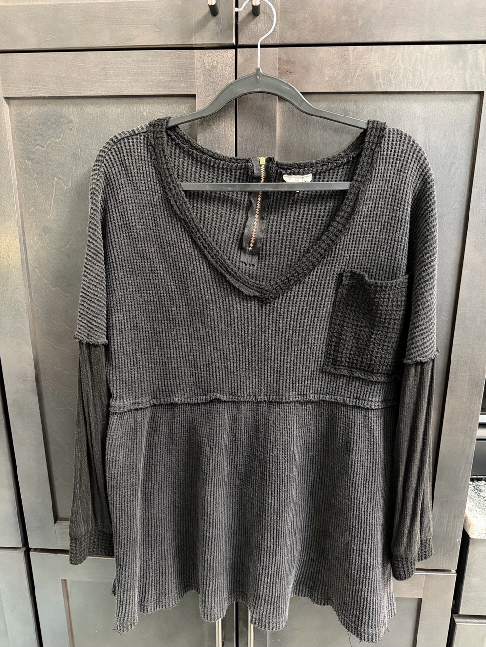 POL Textured Waffle Knit Oversized Babydoll Top (Boho Grunge Charcoal Grey) - Picture 1 of 6
